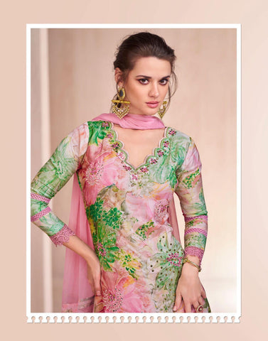 BABY PINK FLORAL PRINT PURE MULSLIN GHARARA