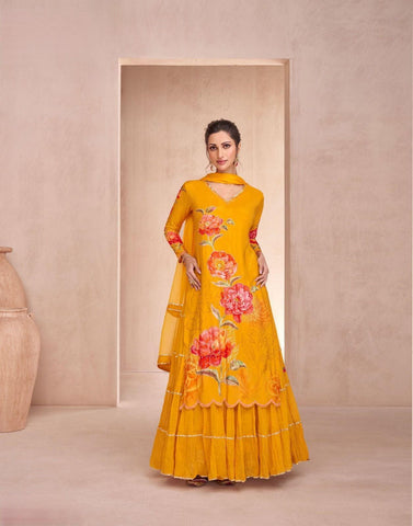 YELLOW COLOR FLORAL PRINT PURE MUSLIN GHARARA