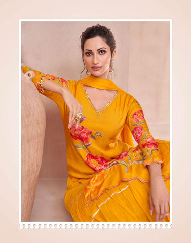 YELLOW COLOR FLORAL PRINT PURE MUSLIN GHARARA