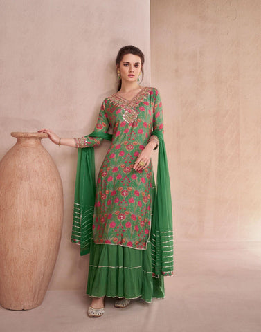 GREEN COLOR FLORAL PRINT PURE MUSLIN GHARARA