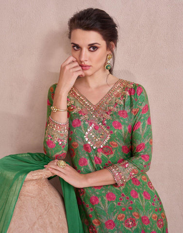 GREEN COLOR FLORAL PRINT PURE MUSLIN GHARARA