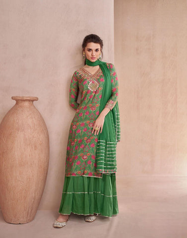 GREEN COLOR FLORAL PRINT PURE MUSLIN GHARARA