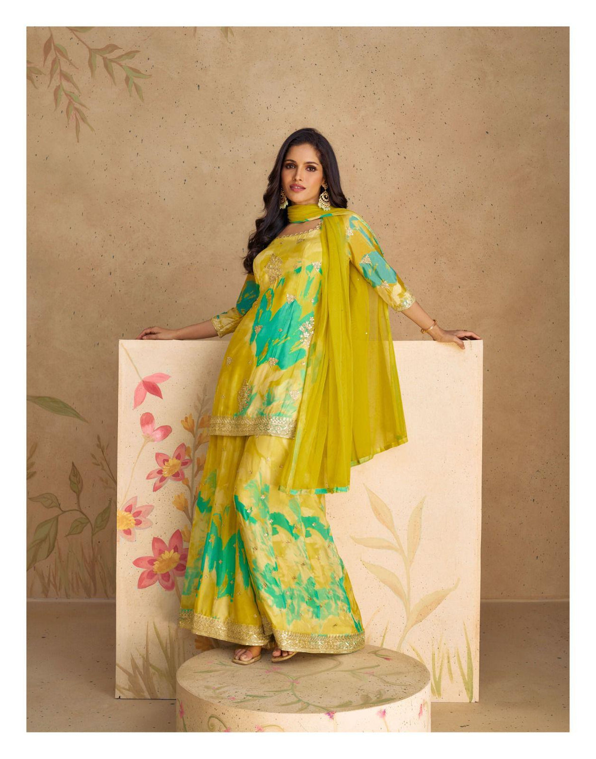 Yellow Color floral Print Real chinon Silk  Sharara