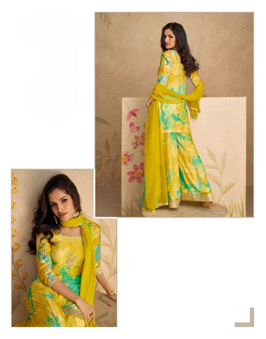 Yellow Color floral Print Real chinon Silk  Sharara