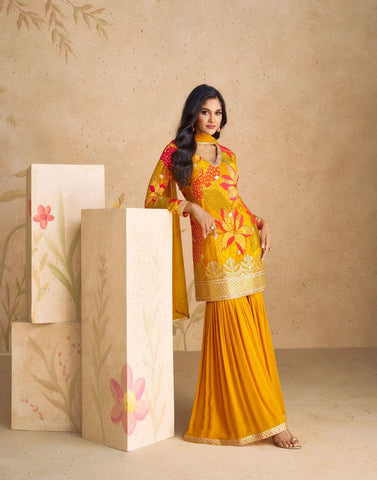 Mustard Color floral Print Real chinon Silk Sharara