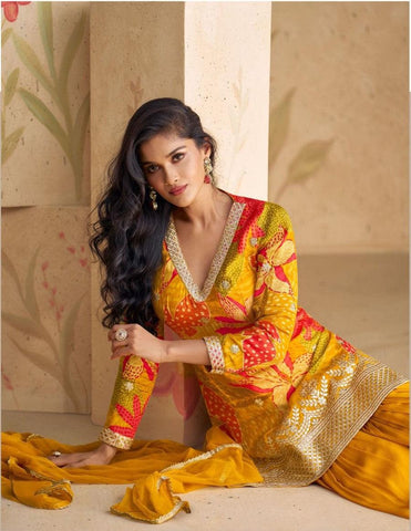 Mustard Color floral Print Real chinon Silk Sharara