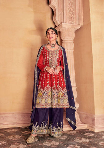 Red Color Premium Chinon With Heavy Embroidery Suit