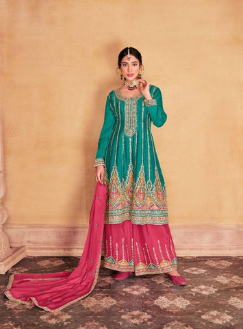 Turquise Blue Color Premium Chinon With Heavy Embroidery Suit