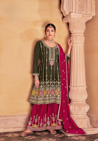 Green Color Premium Chinon With Heavy Embroidery Suit