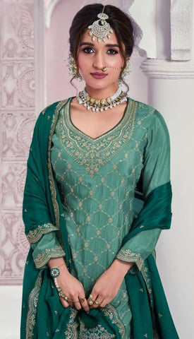 Teal Green Color Heavy Embroidered Chinon Sharara Suit