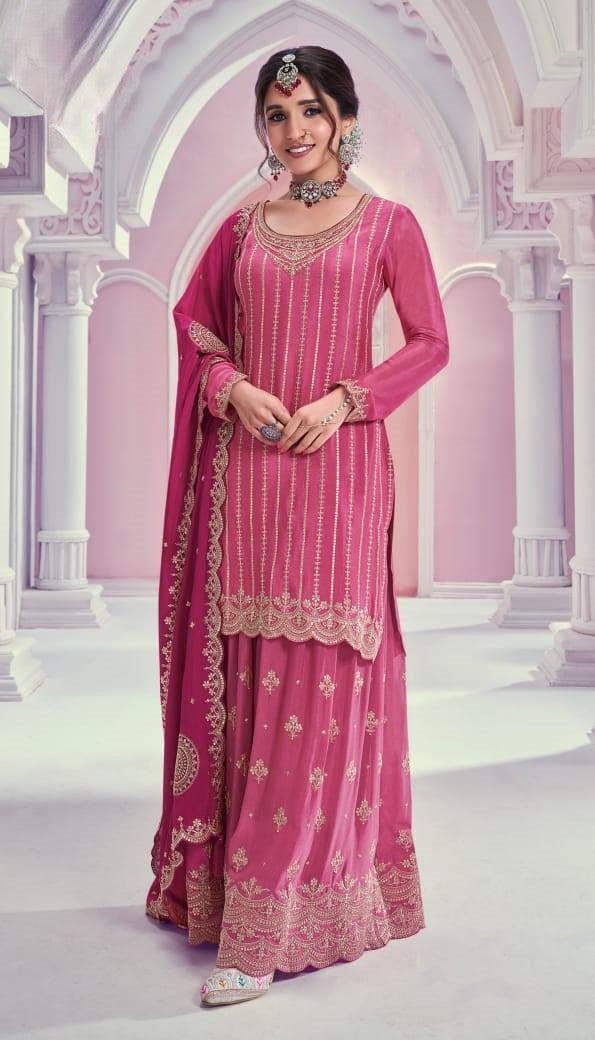 Rose Wine Color Heavy Embroidered Chinon Sharara Suit