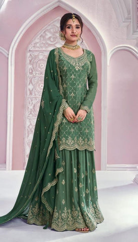 Green Color Heavy Embroidered Chinon Sharara Suit