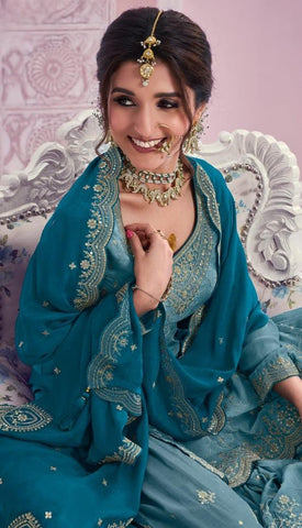 Peacock Blue Color Heavy Embroidered Chinon Sharara Suit