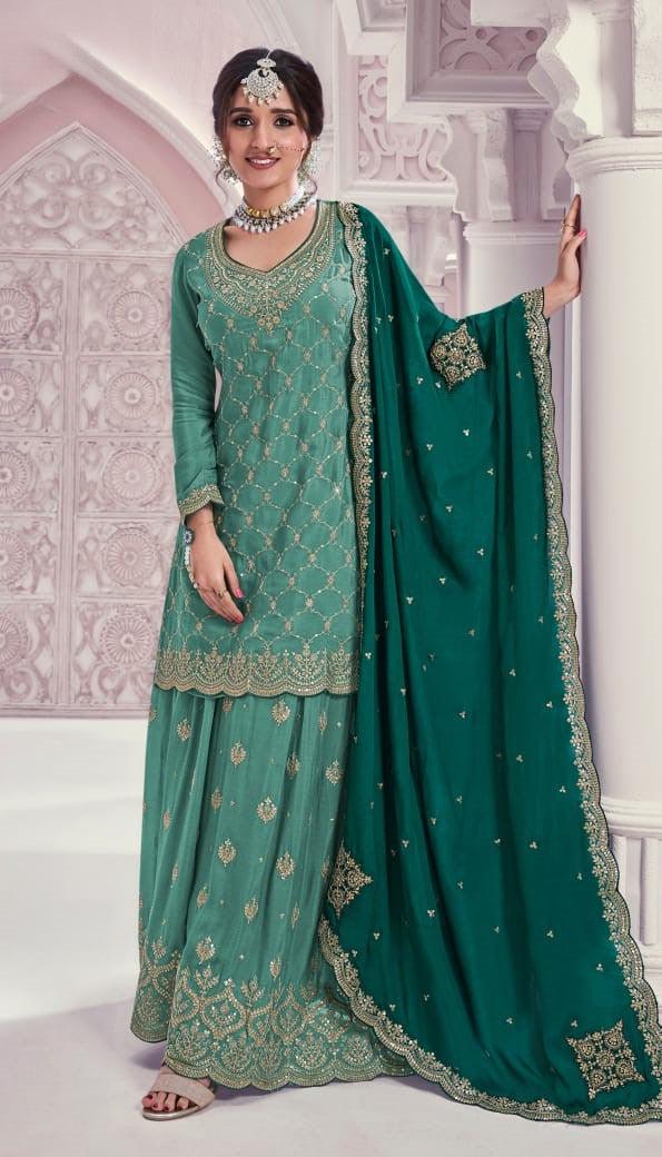 Teal Green Color Heavy Embroidered Chinon Sharara Suit