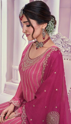 Rose Wine Color Heavy Embroidered Chinon Sharara Suit