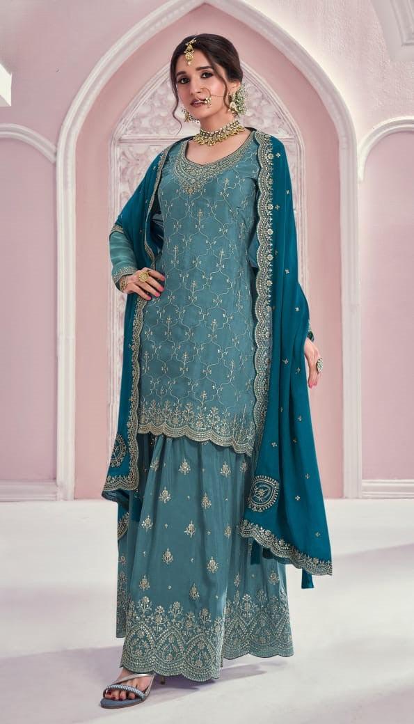 Peacock Blue Color Heavy Embroidered Chinon Sharara Suit