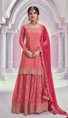 Peach Pink Color Heavy Embroidered Chinon Sharara Suit