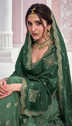 Green Color Heavy Embroidered Chinon Sharara Suit