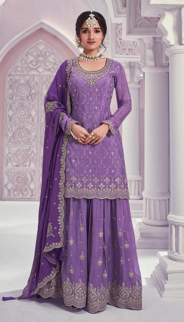 Deep Purple Color Heavy Embroidered Chinon Sharara Suit