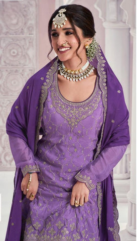 Deep Purple Color Heavy Embroidered Chinon Sharara Suit