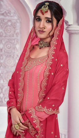 Peach Pink Color Heavy Embroidered Chinon Sharara Suit