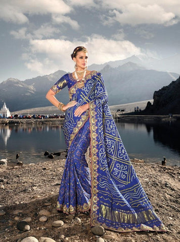 Royal Blue Color Pure Gajji Bandhej Sattin Saree