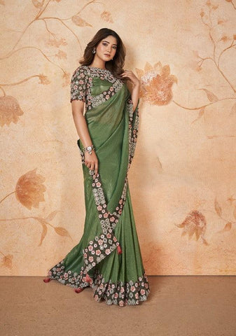 Pista Green Color Banarasi Crush Silk Saree