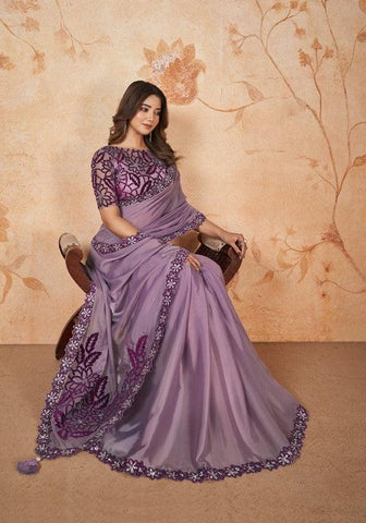 Lavender Color Crepe Satin Silk Saree