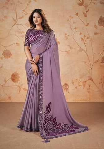 Lavender Color Crepe Satin Silk Saree