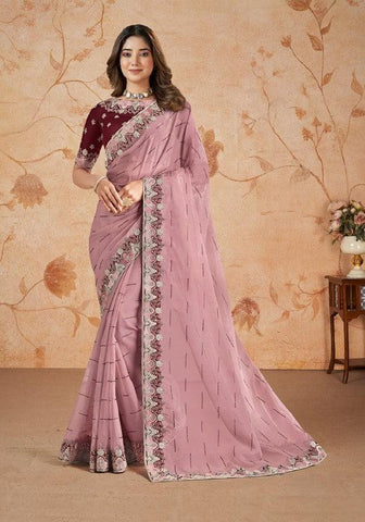 Pink Color organza Saree