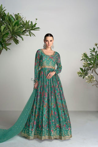 Rama Green Color Real Chinon digital Print Gown