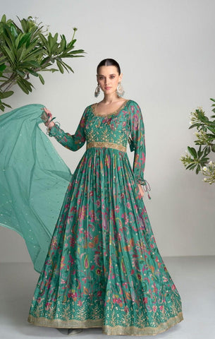 Rama Green Color Real Chinon digital Print Gown