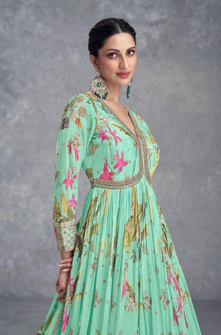 Mint Green Color Real Chinon digital Print Gown