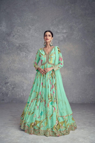 Mint Green Color Real Chinon digital Print Gown