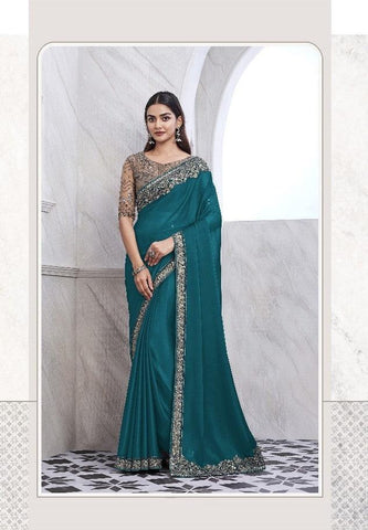 Peacock Blue Color Chiffon Silk Saree