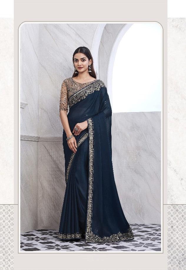 Navy Blue Color Chiffon Silk Saree