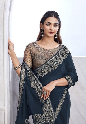 Navy Blue Color Chiffon Silk Saree