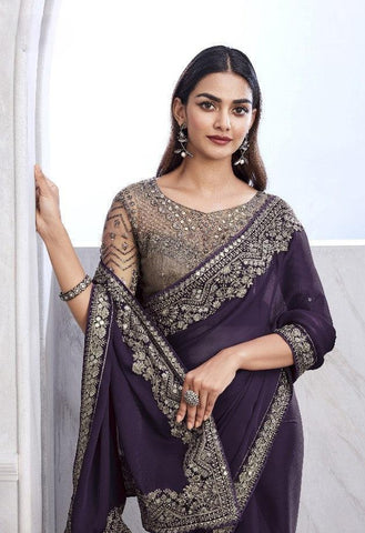 Dark Purple Color Chiffon Silk Saree