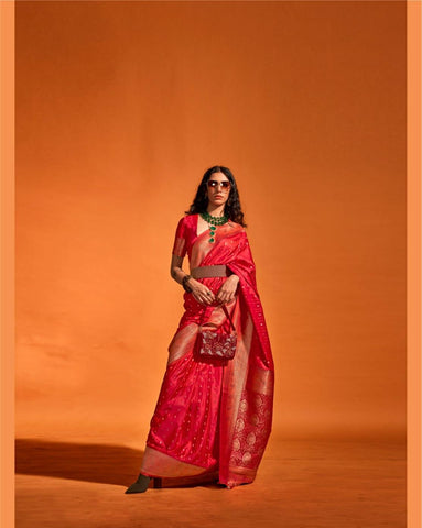 Red Color Pure Satin Handloom Weaving Silk Saree