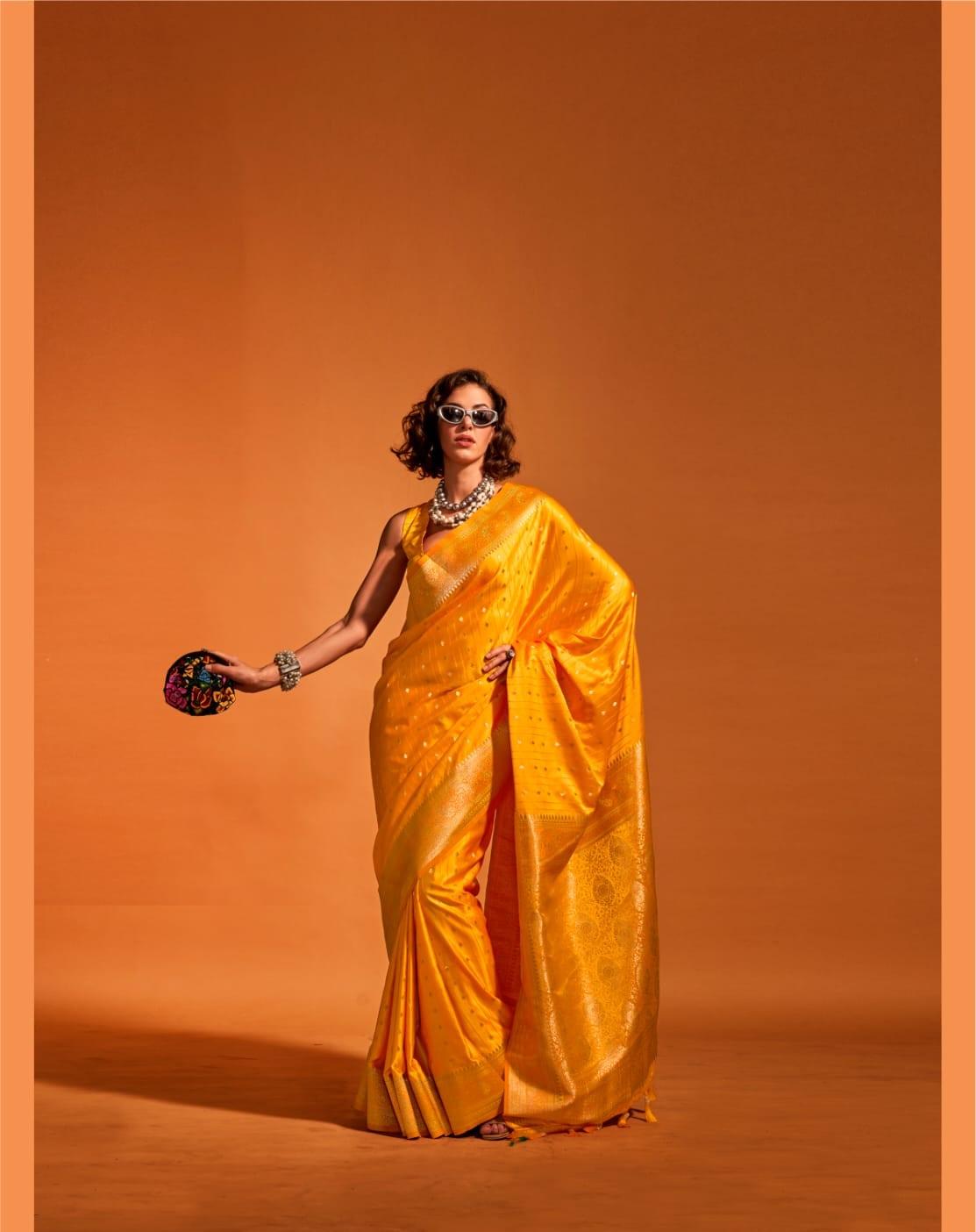 Yellow Pure Satin Handloom Weaving Silk Saree