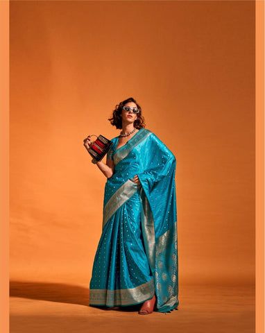 Firozi Color Pure Satin Handloom Weaving Silk Saree