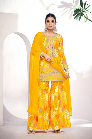 Yellow Color Premium Chinon Digital Print Sharara Suit