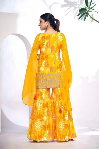 Yellow Color Premium Chinon Digital Print Sharara Suit