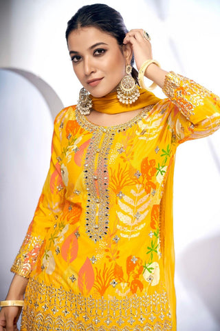 Yellow Color Premium Chinon Digital Print Sharara Suit