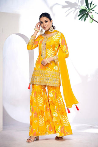 Yellow Color Premium Chinon Digital Print Sharara Suit