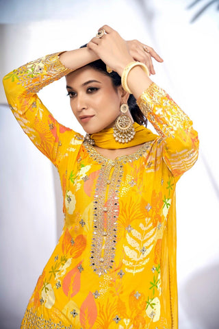 Yellow Color Premium Chinon Digital Print Sharara Suit