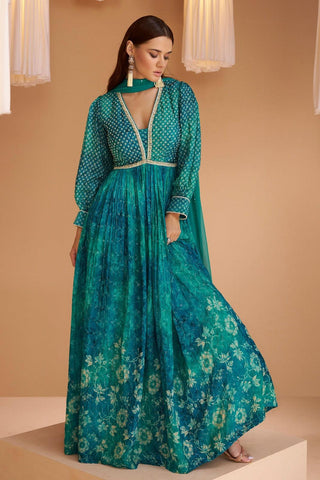 Teal Blue Color Digital Print Georgette Gown