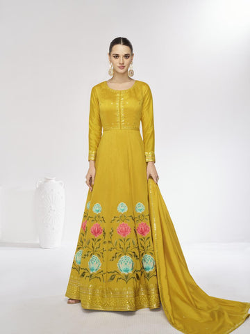 Marigold yellow premium silk anarkali suit