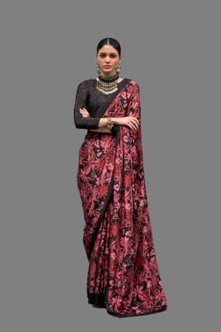 Black Crepe Printed Casual Saree with Embroidered Blouse