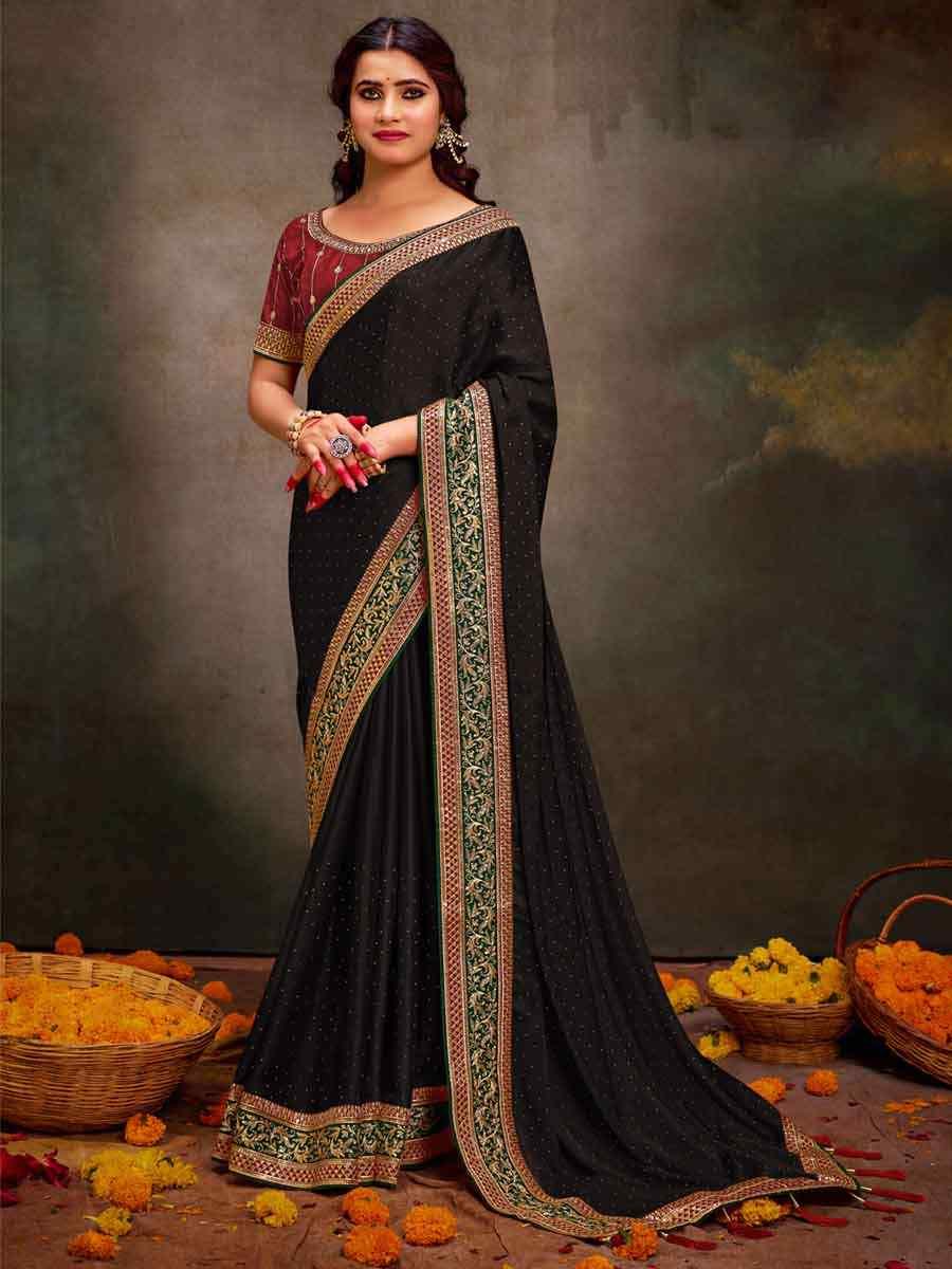 Embroidered  Black Bollywood Satin Silk Saree – All-Occasion Elegant Partywear with Blouse Piece